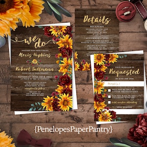 Rustic Sunflower Fall Wedding Invitation,Fall Wedding Invite,Sunflowers,Burgundy Roses,Barn Wood,Gold Print,Shimmery,Personalize,Printed