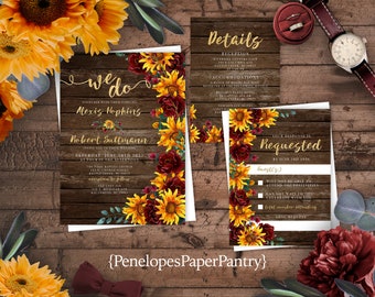 Rustic Sunflower Fall Wedding Invitation Personalized Barn Wood Burgundy Roses Gold Print Satin Finish Printed Invitation Envelopes Included