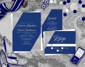 Royal Blue Wedding Invitation,Royal Blue Wedding Invite,Royal Blue Theme Wedding,Silver Glitter Print,Silver Calligraphy,Shimmery Invitation