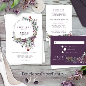 Purple Floral,Summer Wedding Invitation,Summer Wedding Invite,Wreath,Purple Wildflowers,Lavender,Dusty Purple,Personalize,Printed,Envelope