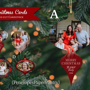 Carte photo unique avec décoration de Noël, décoration de sapin de Noël personnalisée à accrocher au sapin, carte photo de famille envoyée avec décoration, cartes imprimées