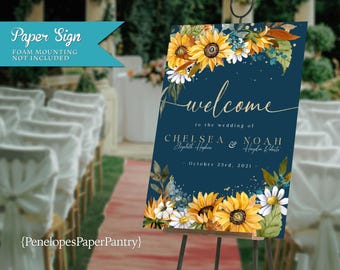 Rustic Fall Wedding Welcome Sign: Sunflowers, Teal, Gold Print, Personalized and Printed