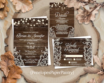 Rustic Fall Wedding Invitation,Mason Jar Lights,Fairy Lights,Barn Wood,Antique Lace,Romantic,Personalized,Printed Invitation,Wedding Set