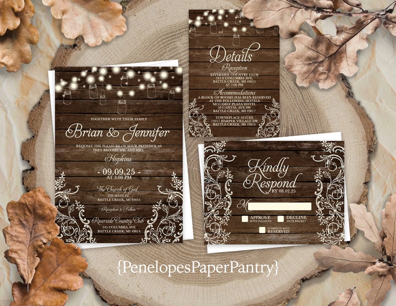 May include: Rustic wedding invitation suite with a woodgrain background and white floral accents. The invitation features the couple's names, wedding date, and ceremony and reception details. The RSVP card includes a "Kindly Respond" message and a space for guests to indicate their attendance.