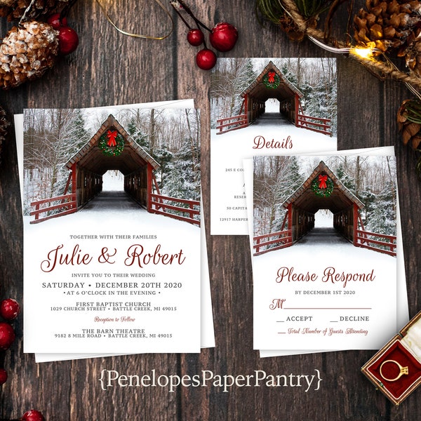 Romantic Rustic Personalized Christmas Wedding Invitation,Winter Wedding Invite,Red Wood Covered Bridge,Envelope Included,Printed Invitation