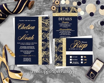 Elegant Navy and Gold Wedding Invitation,Navy Blue,Gold,Wedding Invite,Classic,Calligraphy,Flourishes,Shimmery Invitation,Envelope Included