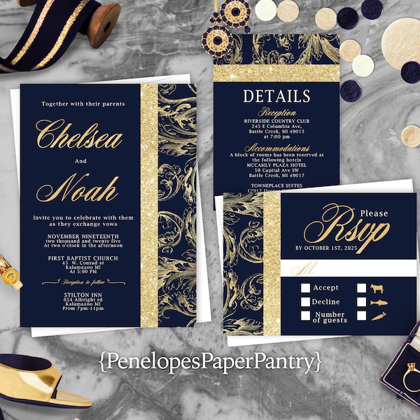 Elegant Navy and Gold Wedding Invitation,Navy Blue,Gold,Wedding Invite,Classic,Calligraphy,Flourishes,Shimmery Invitation,Envelope Included