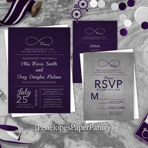 Personalized Wedding Invitation,Purple and Silver Wedding Invite,Infinity Love Symbol,Eternal Love Knot,Envelope Included,Printed Invite Set