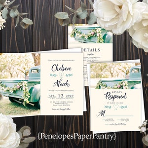 Rustic Summer Wedding Invitation,Summer Wedding Invite,Vintage Turquoise Truck,Wildflowers,Personalize,Printed Invitation,Envelope Included