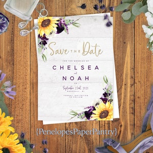 Rustic Sunflower Summer Wedding Save The Date Card,Purple Calla Lilly,White Barn Wood,Gold Print,Personalize,Printed Card,Envelope