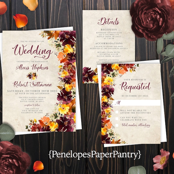 Rustic Floral Fall Wedding Invitation,Rustic Fall Wedding Invite,Fall Florals,Burgundy,Burnt Orange,Calligraphy,Parchment,Envelopes Included
