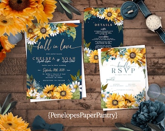 Teal Sunflower Fall Wedding Invitation Suite: Wildflowers, Personalized and Printed