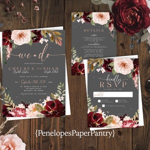 Gray and Burgundy Floral Fall Wedding Invitation,Fall Wedding Invite,Rose Gold,Calligraphy,Shimmery,Personalize,Printed Invitation,Envelope