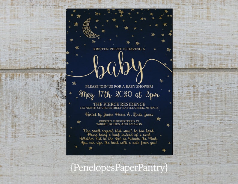 Moon And Stars Baby Shower Invitationnavygoldgender Etsy
