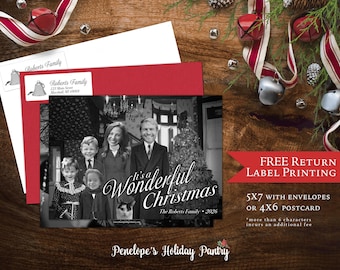 Funny Vintage Christmas Movie Photo Card, Personalized Family Holiday Card, Black White Printed Cards