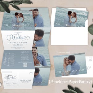 Faire-part de mariage imprimé tout en un, pli accordéon, invitation à trois volets, impression photo recto-verso, carte postale RSVP perforée
