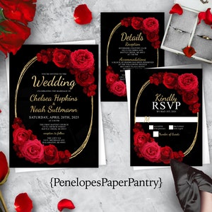 Red Rose Black and Gold Wedding Invitation Suit: Oval Frame, Personalized, Printed with Envelopes