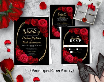 Romantic Red Rose Wedding Invitation,Red Roses,Wedding Invite,Black,Gold Print,Shimmery,Personalize,Printed Invitation,Optional RSVP Card