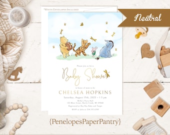 Vintage,Winnie The Pooh,Baby Shower Invitation,Classic Pooh Baby Shower Invite,Gender Neutral,Gold Foil Calligraphy,Custom Shower Invitation