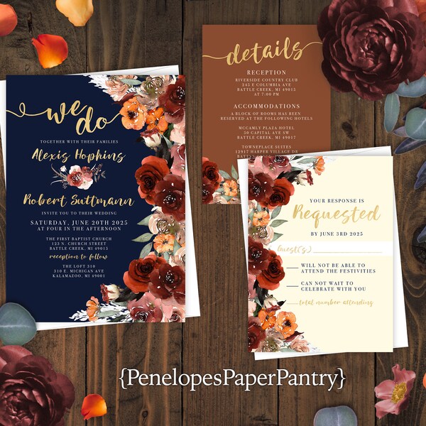 Navy Floral Fall Wedding Invitation,Fall Wedding Invite,Terracotta,Ivory,Burgundy,Gold,Shimmery,Personalize,Printed Invitation,Envelope