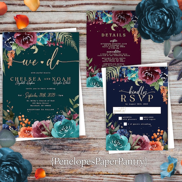 Elegant Jewel Tone Floral Fall Wedding Invitation,Jewel Tone Fall Wedding Invite,Jewel Tone Floral,Gold Calligraphy,Shimmery Invitation