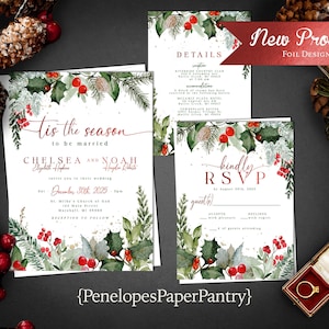 Elegant Holly Christmas Wedding Invitation, Red Foil Tis The Season, Formal Holiday Suite