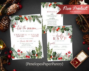 Christmas Wedding Invitation Personalized Calligraphy Red Foil Holly Printed Envelope Festive Stationery Winter Bride Tis The Season
