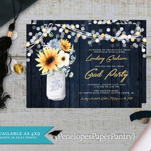 Rustic Graduation Invitation,Grad Announcement,Grad Party Invite,Rustic Wood,Sunflowers,Mason Jar,Fairy Lights,Personalize,Printed,Envelope