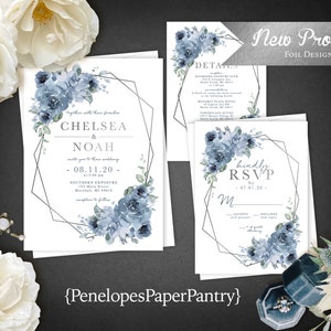 Elegant Dusty Blue Floral Summer Wedding Invitation Personalized Geometric Frame Silver Foil Printed Invitations Envelopes Included Unique