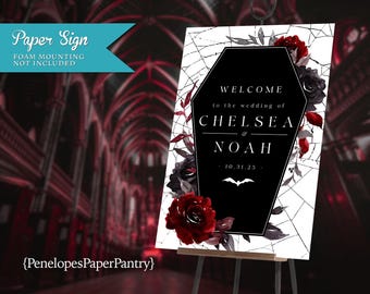 Gothic Casket Wedding Welcome Sign: Bats, Roses, Spiderwebs (Printed or Digital)