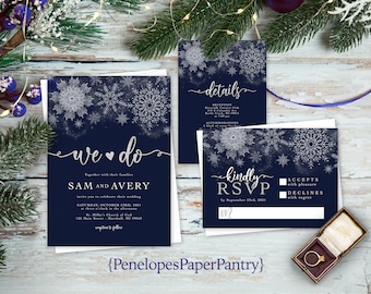 Elegant,Navy,Winter Wedding Invitation,Winter Wedding Invite,Christmas Wedding,Silver,Calligraphy,Silver Snowflake,Shimmer,Envelope Included