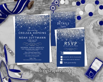 Bling Royal Blue Wedding Invitation,Royal Blue Wedding Invite,Royal and Silver,Silver Glitter Print,Shimmery Invitation,Envelopes Included