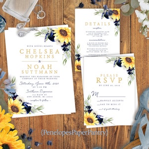 Elegant Sunflower Wedding Invitation,Sunflower Wedding Invite,Sunflowers,Navy Roses,Gold Print,Shimmery Invitation,Envelope Included,Custom