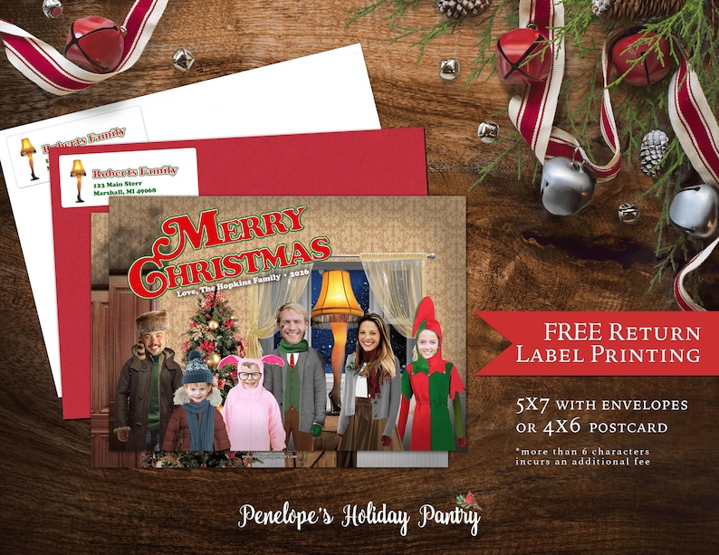 Funny A Christmas Story Family Photo Card Ralphie Pink Bunny Pajamas Leg Lamp Design image 1