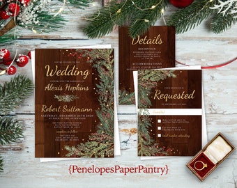 Rustic Winter Wedding Invitation: Barn Wood, Evergreens, Gold Print, Personalized (Printed)
