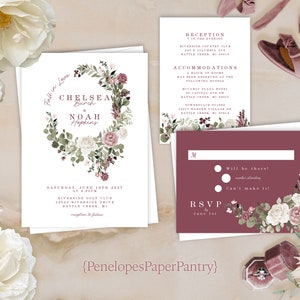 Mauve Floral Summer Wedding Invitation,Summer Wedding Invite,Dusty Rose,Mauve,Rose Gold,Shimmery,Personalize,Printed Invitation,Envelope