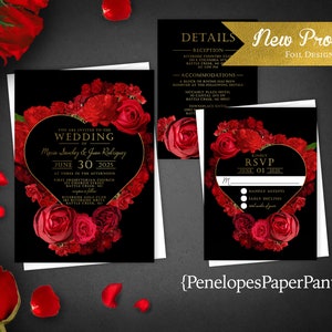 Red Rose Wedding Invitation,Red Rose Wedding Invite,Red Rose Heart,Gold Foil,Calligraphy,Custom Invitation,Envelope Included,Printed Invite