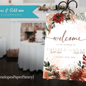 Floral Fall Wedding Welcome Sign Personalized Custom Text Terra Cotta Burnt Orange Made To Match Printed Satin Finish Heavy Poster Paper
