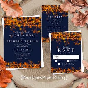 Modern Navy Fall Wedding Invitation Personalized Burnt Orange Bubble Lights Shimmery Printed Invitation Envelope Included Optional RSVP Card