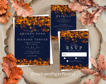 Navy Wedding Invitation: Burnt Orange Lights, Personalized Stationery