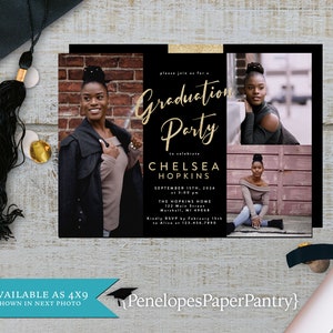 Grad Photo Card,Graduation Party Invitation,Announcement 2024,Black and Gold,Shimmery Invitation,Custom Invitation,Envelope Included,Printed