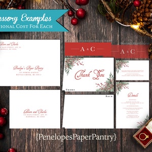 Elegant Christmas Wedding Invitation,Christmas Wedding Invite,Green,Red,Calligraphy,Personalized,Shimmery Invitation,Envelopes Included image 2