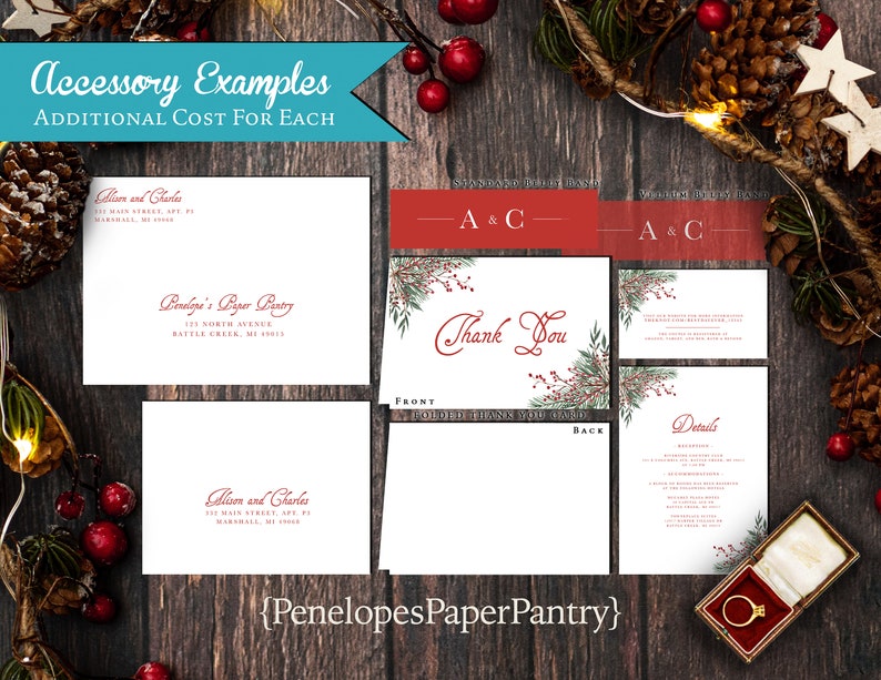 Elegant Christmas Wedding Invitation,Christmas Wedding Invite,Green,Red,Calligraphy,Personalized,Shimmery Invitation,Envelopes Included image 2