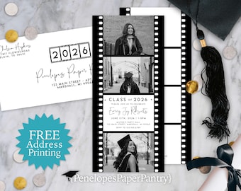 Retro Movie Reel Graduation Invitation, Class of 2026 (Printed), Personalized and Printed with Envelope