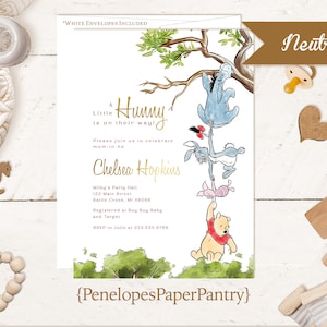 Winnie The Pooh Gender Neutral Baby Shower Invitation Personalized Eeyore Rabbit Piglet Gold Foil Printed Invitations Envelopes Included