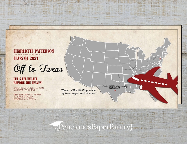Graduation Going Away Party Invitation,Announcement,Map of United States,Airplane,Unisex,Personalize,Printed Card,Envelope