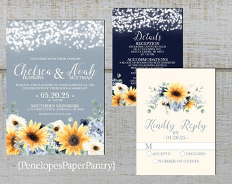 Printed Dusty Blue Wildflower Summer Wedding Invitation,Navy Blue,Ivory,Sunflower,Calligraphy,Wedding Set,Wedding Suite,Personalize,Envelope