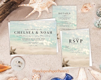 Beach Wedding Invitation,Beach Wedding Invite,Crystal Blue Water,Sandy Beach,Beach Theme Wedding,Shimmery Invitation,Envelopes Included