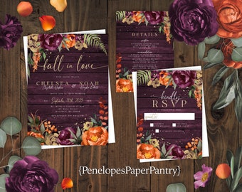 May include: Fall wedding invitation suite featuring burgundy and orange floral designs on a woodgrain background. The invitation reads "Fall in love" with the couple's names and wedding date. The RSVP card includes a gold "kindly RSVP" heading.