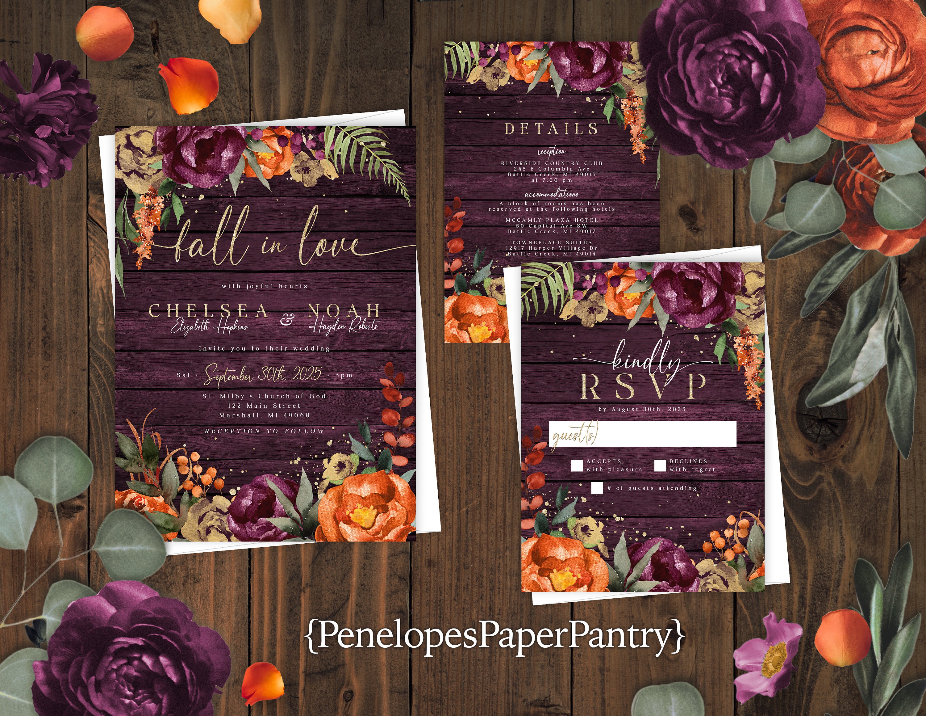 Rustic Purple and Orange Fall Wedding Invitation,fall Wedding,plum,burnt  Orange,gold Print,personalize,printed Invitation,envelopes Included - Etsy, image size:3000x2318
